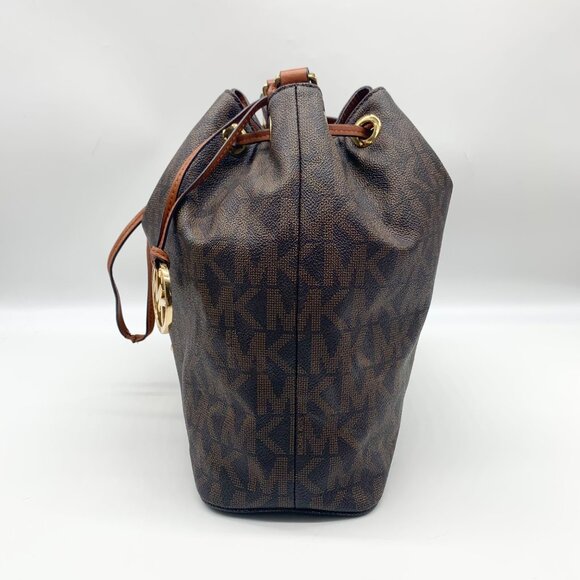 Michael Kors Dark Brown Signature Coated Canvas Jules Drawstring Shoulder Bag - Picture 3 of 11